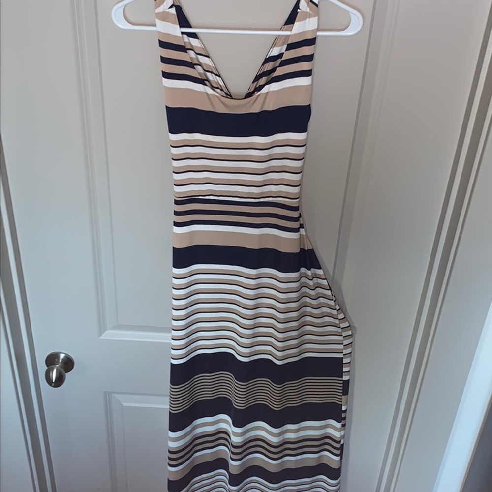 SELF Cross Back Backless Maxi Dress Tan/Wht/Blue